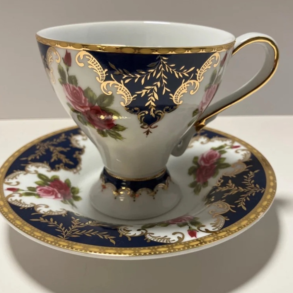 Vintage Floral Teacup and Saucer with Gold Trim